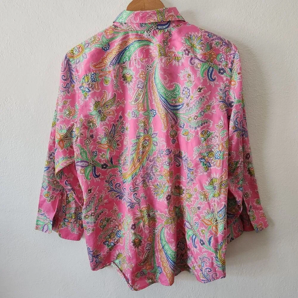 Lauren Ralph Lauren Cotton Pink Paisley Button-Down Blouse Barbie Core XL - Picture 2 of 9
